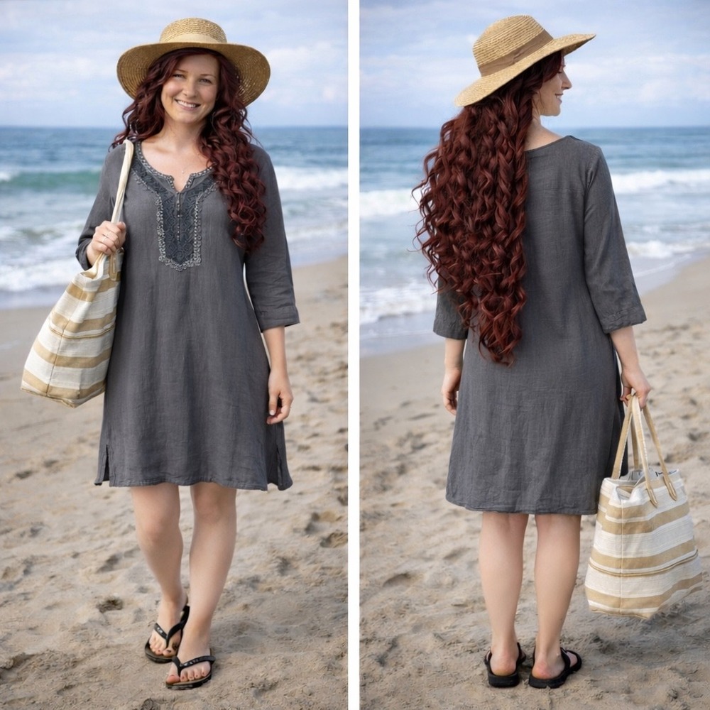 Carla Conti Italy 100% Linen Embroidered Tunic Dress Charcoal‎ Grey 3/4 Sleeve M